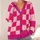 Pink White Checkerboard Blocks For Casual Street Style And Fall Layering For Women All-over Print Knitted Cardigan - 4