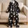 Cute Cat Faces On Black Background For Cozy Bedtime Relaxation, Women’s Spring Summer Satin Pajamas Set - 5