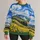 Blue Swirl Sky, Golden Wildflower Fields and Vintage Train for Artful Everyday Wear All-over Print Knitted Sweater - 1