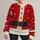 Red Santa-style costume surface with ivory faux-fur trim Gold Buttons A Black Belt And Buckle and scattered white snowflakes. All-over Print Knitted Sweater - 1