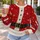 Red Santa-style costume surface with ivory faux-fur trim Gold Buttons A Black Belt And Buckle and scattered white snowflakes. All-over Print Knitted Sweater - 5