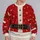 Red Santa-style costume surface with ivory faux-fur trim Gold Buttons A Black Belt And Buckle and scattered white snowflakes. All-over Print Knitted Sweater - 2