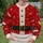 Red Santa-style costume surface with ivory faux-fur trim Gold Buttons A Black Belt And Buckle and scattered white snowflakes. All-over Print Knitted Sweater - 6