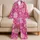 Retro Magenta Floral Motif For Vacation Weekends And Plus Size Comfort Satin Pajamas Set - 5