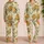 Retro Tropical Ivory Botanical Vacation Lounge Wear For Women, Sage Leaf Florals Satin Pajamas Set - 2