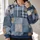Blue Denim Patchwork Checks For Creative Weekends And Casual Wear Rust Accents All-over Print Hoodie (Lightweight) - 2