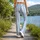 Powder Blue And Ivory Vertical Stripes For Yoga Pilates And Everyday Wear Leggings - 12