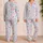 Blue White Coastal Stripes With Seashells, Plumeria, Coral Palms For Holiday Lounging Satin Pajamas Set - 2