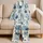 Blue Botanical Leaves Ivory Tropical Foliage Lounge Wear for Vacation Relaxation Satin Pajamas Set - 5