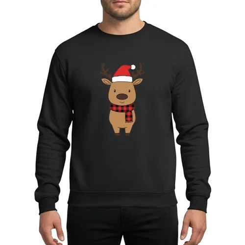 Festive Celebrators' Whimsical Tan-Brown Reindeer with Red Buffalo Plaid Scarf & Christmas Santa Hat Art Sweatshirt