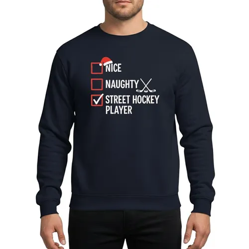 Street Hockey Player's Whimsical Hand-Drawn White Red Nice Naughty Santa Checklist Motif Sweatshirt