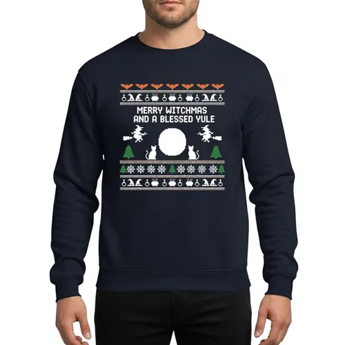 Whimsical Holiday Fans' Magenta Pixel Art Witchmas Yule Cat Witches Ugly Sweater Pattern Sweatshirt