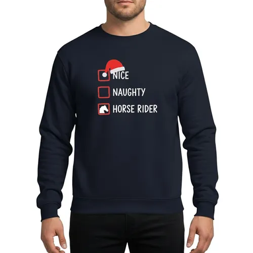 Horse Riders' Whimsical Nice Naughty Christmas Checklist Red Santa Hat White Horse Head Sweatshirt