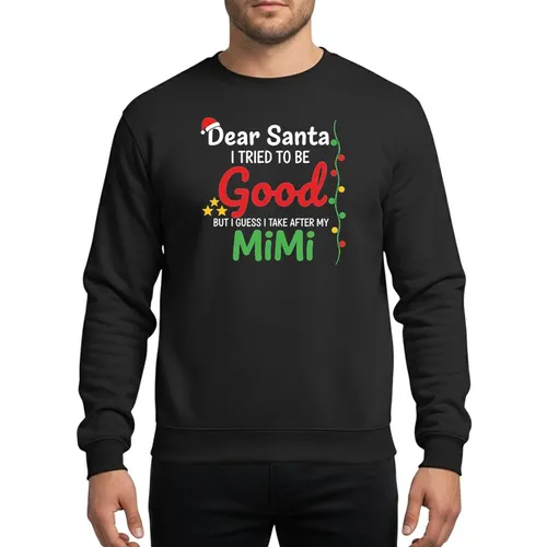 Whimsical Holiday Celebrators' White & Red 'Dear Santa' with Santa Hat, Bold Red Script 'Good', Green 'MiMi', & Colorful Holiday Lights Sweatshirt