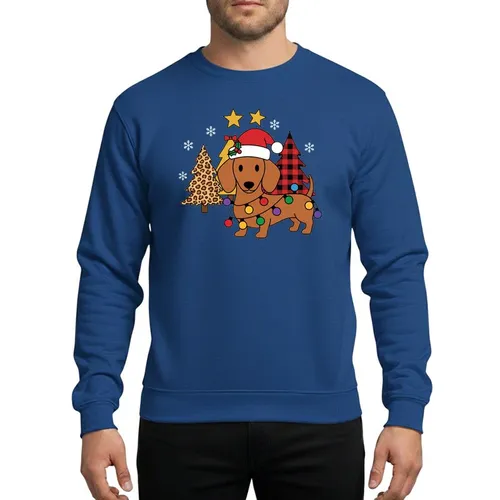 Dachshund Lovers' Playful Warm Brown Dachshund Red Santa Hat Tangled Christmas Lights Buffalo Plaid Gold Leopard Trees Sweatshirt