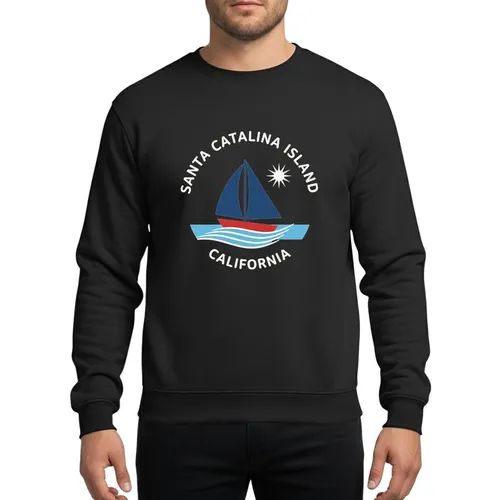Coastal Enthusiasts' White Retro Vintage Flat Vector Sailboat Santa Catalina Island California Arch Script Graphic Sweatshirt