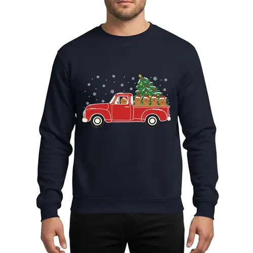 Dog Parents' Distressed Vintage Red Pickup Truck with Four Golden-Brown Doodle Dogs Festive Snow Scene Sweatshirt