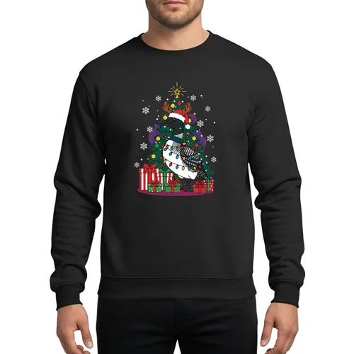 Christmas Enthusiasts' Whimsical Loon Red Green Blue Lights Santa Hat Antlers Gifts Tree Snowflakes Sweatshirt