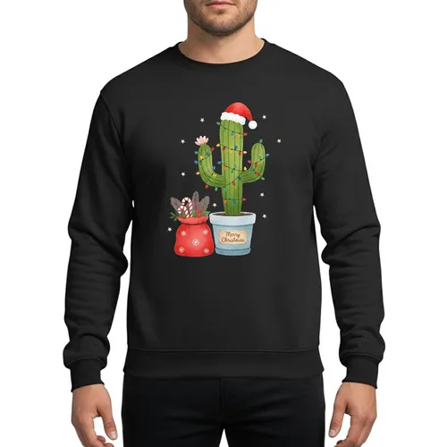 Christmas Plant Lovers' Whimsical Watercolor Saguaro Cactus Red Santa Hat Multi-Color Lights Pot & Gift Sack Sweatshirt