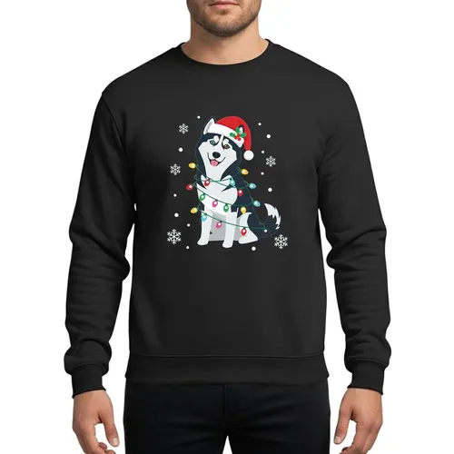 Siberian Husky Lovers' Festive Black White Grey Husky in Red Santa Hat & Multicolor Christmas Lights Sweatshirt