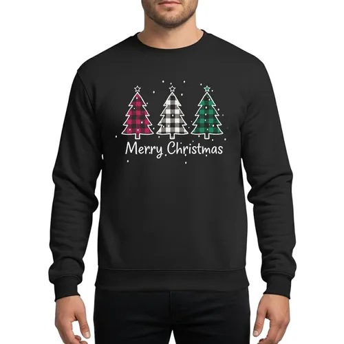 Holiday Enthusiasts Rustic Hand-Drawn Red Green Buffalo Plaid Christmas Trees Merry Christmas Snow Sweatshirt
