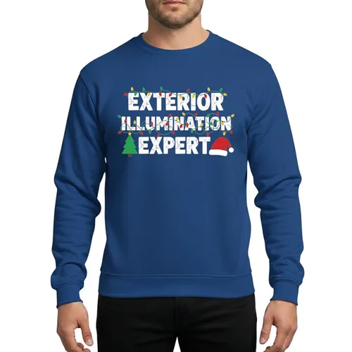 Outdoor Christmas Decorators' Distressed White Text, Red Green Yellow String Lights, Festive Tree & Santa Hat Holiday Graphic Sweatshirt