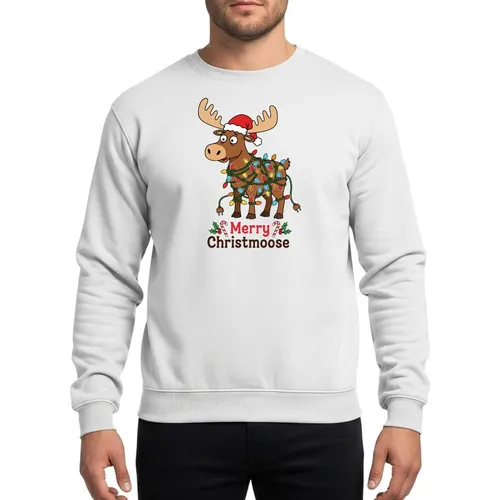 Holiday Animal Lovers' Whimsical 'Christmoose' Brown Moose Tangled in Colorful Lights & Red Santa Hat Cartoon Sweatshirt