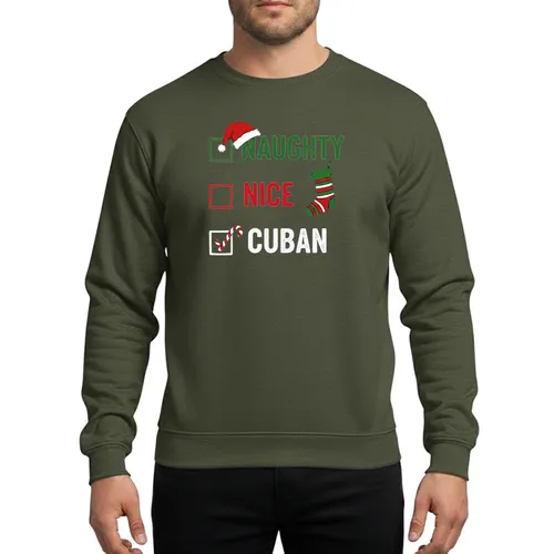 Holiday Enthusiasts' Naughty Nice Cuban Checklist Graphic with Red Santa Hat, Striped Stocking, Candy Cane Sweatshirt