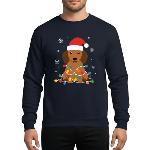 Dachshund Owners' Whimsical Brown Dog Red Santa Hat Tangled Christmas Light Pattern Sweatshirt