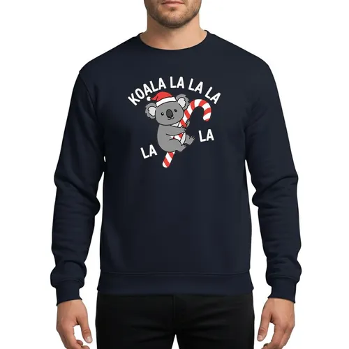 Australian Christmas Lovers' Gleeful Grey Koala Santa Hat Red White Candy Cane Cartoon 'KOALA LA LA LA' Design Sweatshirt