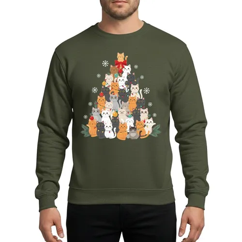 Cat Lovers' Whimsical Multi-Color Feline Christmas Tree Colorful Lights Ornaments Snowflakes Sweatshirt