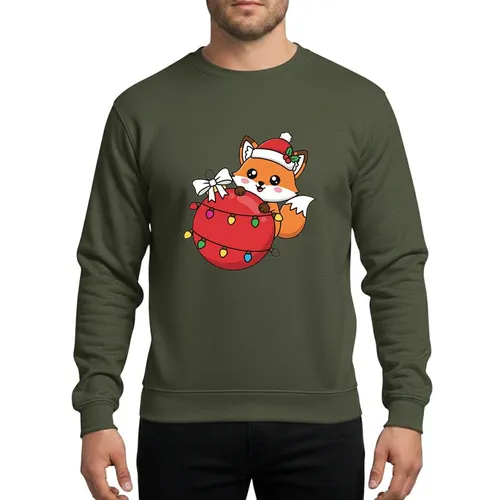 Fox Lovers' Holiday Chibi Orange Fox Santa Hat Red Ornament Colorful Christmas Lights Sweatshirt
