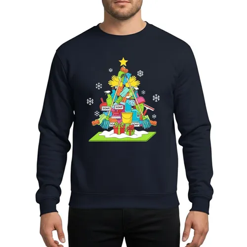 School Custodian Vibrant Cleaning Supply Christmas Tree Flat Art with Golden Star, Wrapped Gifts, & Snowflakes Sweatshirt