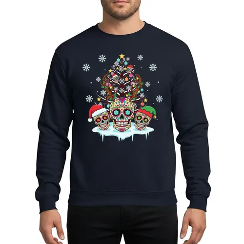 Holiday Art Lovers' Whimsical Dia de los Muertos Christmas Tree Sugar Skulls Reindeer Antlers Santa Elf Hats Sweatshirt