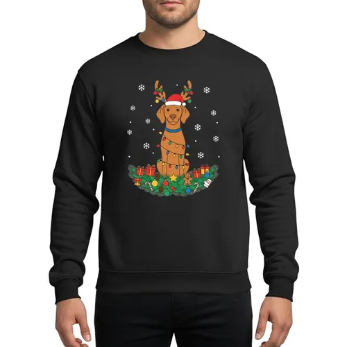Vizsla Dog Lovers' Cheerful Brown-Orange Vizsla Reindeer Antlers Santa Hat Festive Christmas Garland Ornaments Snowflakes Sweatshirt