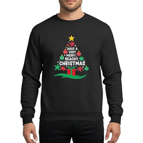 Coastal Holiday Celebrators' Vibrant 'Merry Beachy Christmas' Tree Design with Red Green Starfish & Seashells Sweatshirt