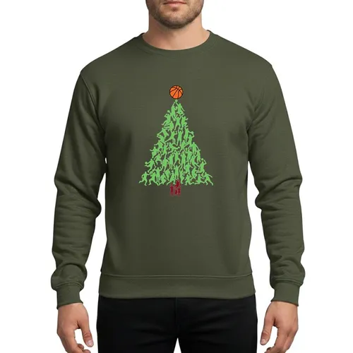 Basketball Fans' Vibrant Green Basketball Player Silhouette Christmas Tree Design with Maroon Trunk and Orange Basketball Star Sweatshirt
