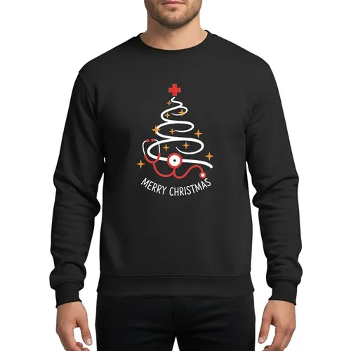 Women's Nurses Whimsical Red Stethoscope Christmas Tree White Garland Medical Cross Yellow Stars Merry Christmas Text Sweatshirt
