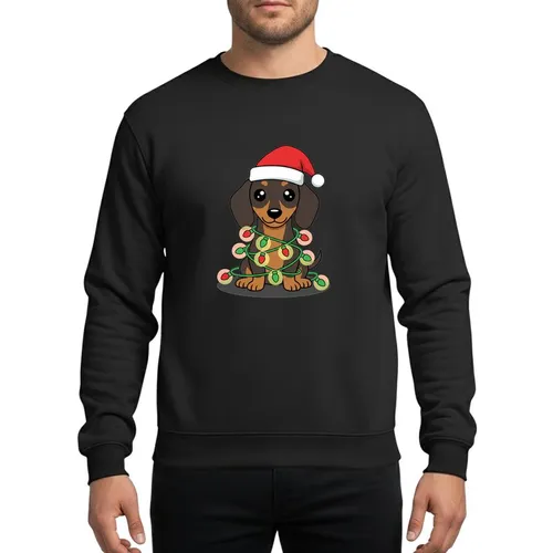 Dachshund Lovers' Whimsical Brown Dachshund Red Santa Hat Green Red Christmas Lights Design Sweatshirt