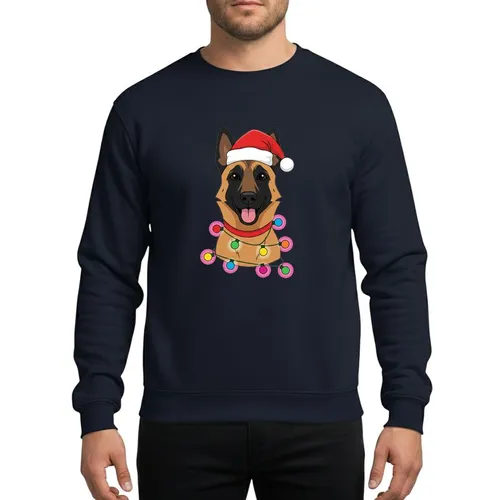 Belgian Malinois Lover's Playful Malinois Dog Santa Hat Red Green Blue Orange Christmas Lights Art Sweatshirt