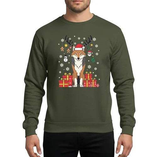 Wolf Lovers' Majestic Wolf with Santa Hat Reindeer Antlers Festive Red Gold Green Gifts Sweatshirt