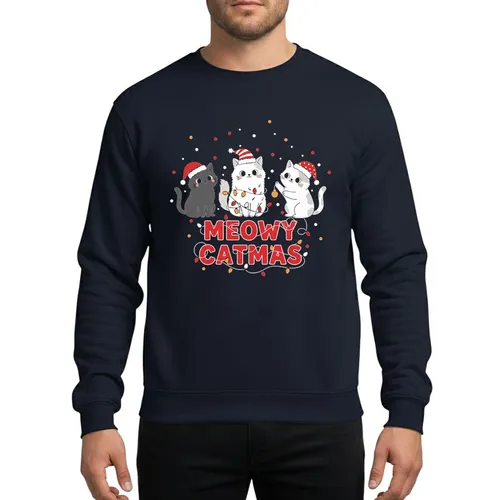 Cat Lovers' Whimsical Cartoon Christmas Cats Red Yellow Lights 'MEOWY CATMAS' Black Design Sweatshirt
