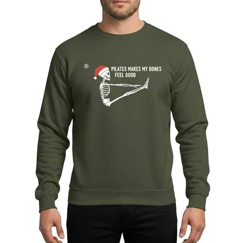 Pilates Enthusiasts' Whimsical White Skeleton Teaser Pose Red Santa Hat Festive Quote Design Sweatshirt