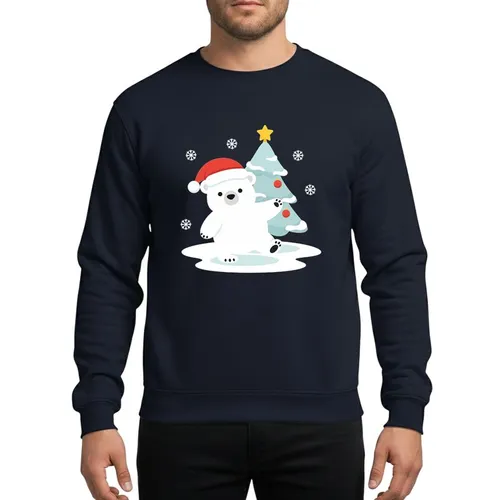 Holiday Enthusiasts' Cute Polar Bear Red Santa Hat Snowy Scene Icy Blue-Grey Christmas Tree Red-Orange Ornaments Sweatshirt