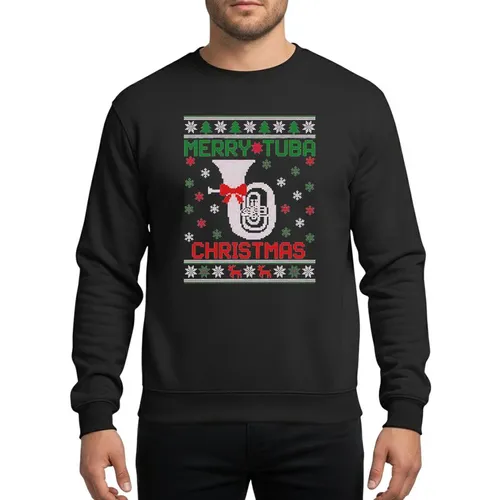 Holiday Music Lovers' Pixelated Fair Isle Knit Red Green White Tuba Bow Snowflake Reindeer Christmas Pattern Sweatshirt