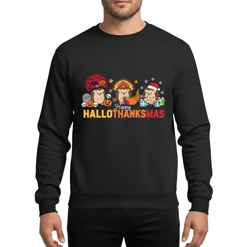 Hedgehog Lovers' Whimsical Hallothanksmas Cartoon Hedgehogs Witch Turkey Santa Hats & Bold Multicolor Text Sweatshirt