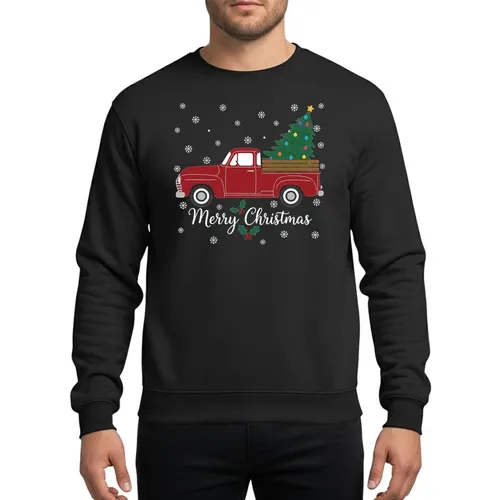 Christmas Enthusiasts' Vintage Deep Red Pickup Truck Green Tree Yellow Blue Purple Ornaments White Snowflakes Sweatshirt