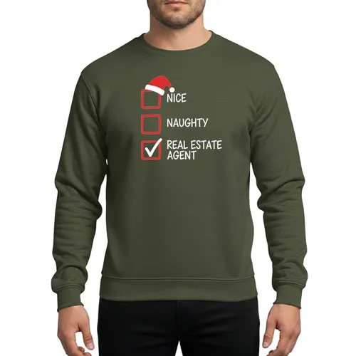 Real Estate Agents Festive Hand-Drawn Nice Naughty List, Red Checkboxes, Santa Hat, White Typographic Design Sweatshirt