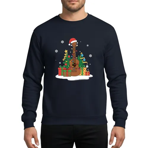 Music Lover's Festive Brown Ukulele, Rainbow Christmas Lights, Santa Hat, Colorful Gift Boxes & Snowflakes Art Sweatshirt