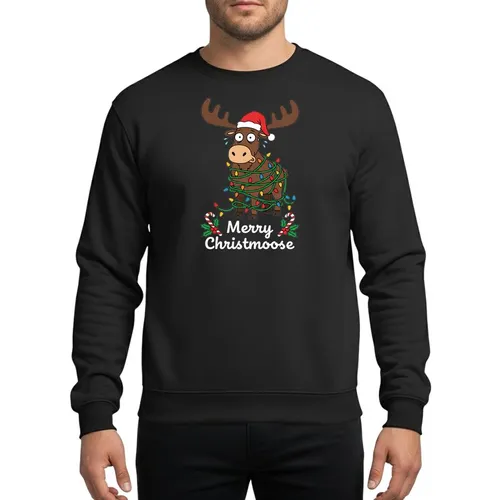 Christmas Humor Fans Comically Tangled Brown Moose Multi-Color Lights Red Santa Hat Merry Christmoose Sweatshirt